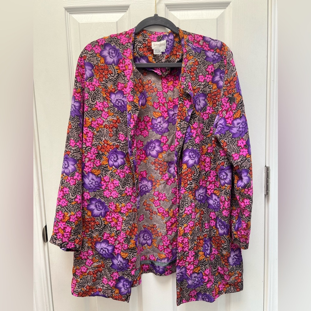 Vintage Neiman Marcus 100% Silk Floral Open Blazer Blouse Top Size 16